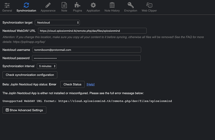 Joplin Synchronization Settings with Nextcloud